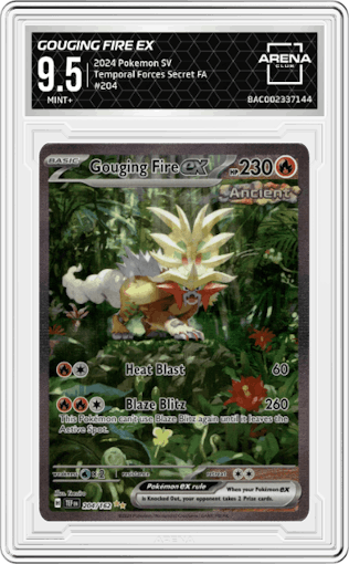 Gouging Fire ex from the 2024 Pokemon SV set graded by Arena Club and given an overall grade of 9.5.