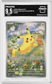 Pikachu from the 2024 Pokemon SV set featuring a Paldea Adventure Chest parallel graded by Arena Club and given an overall grade of 9.5.