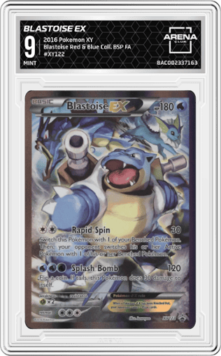 Blastoise EX from the 2016 Pokemon XY set featuring a Blastoise Red & Blue Collection parallel graded by Arena Club and given an overall grade of 9.