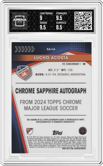 Lucho Acosta from the 2024 Topps Chrome Sapphire Edition MLS set featuring a Orange parallel graded by Arena Club and given an overall grade of 9.