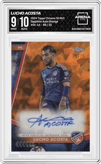 Lucho Acosta from the 2024 Topps Chrome Sapphire Edition MLS set featuring a Orange parallel graded by Arena Club and given an overall grade of 9.