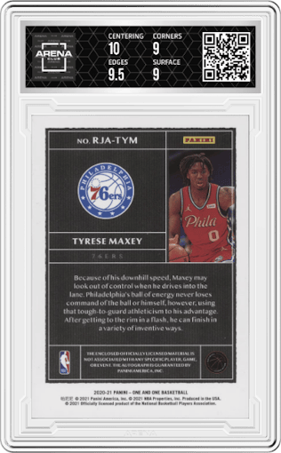Tyrese Maxey from the 2020-21 Panini One and One set graded by Arena Club and given an overall grade of 9.5.