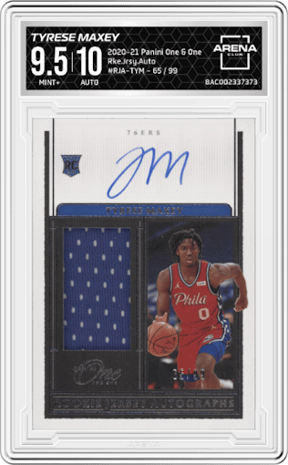 Tyrese Maxey from the 2020-21 Panini One and One set graded by Arena Club and given an overall grade of 9.5.