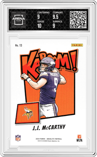 J.J. McCarthy from the 2024 Panini Absolute set graded by Arena Club and given an overall grade of 9.5.