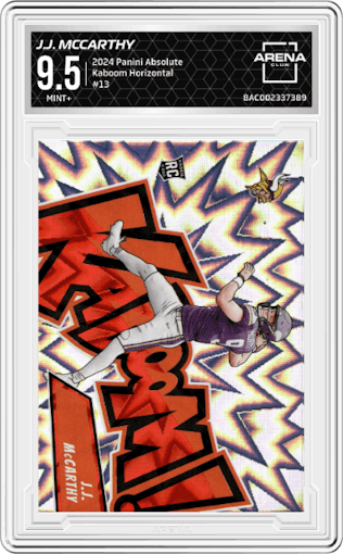 J.J. McCarthy from the 2024 Panini Absolute set graded by Arena Club and given an overall grade of 9.5.