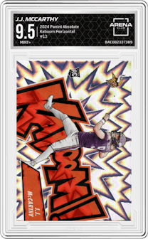 J.J. McCarthy from the 2024 Panini Absolute set graded by Arena Club and given an overall grade of 9.5.