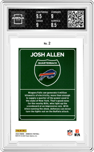 Josh Allen from the 2024 Donruss set graded by Arena Club and given an overall grade of 9.
