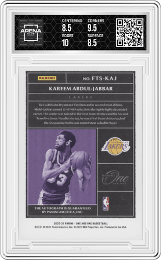 Kareem Abdul-Jabbar from the 2020-21 Panini One and One set featuring a Purple parallel graded by Arena Club and given an overall grade of 9.