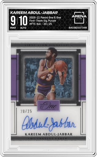 Kareem Abdul-Jabbar from the 2020-21 Panini One and One set featuring a Purple parallel graded by Arena Club and given an overall grade of 9.