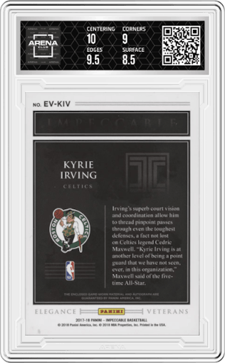 Kyrie Irving from the 2017-18 Panini Impeccable set graded by Arena Club and given an overall grade of 9.