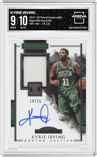 Kyrie Irving from the 2017-18 Panini Impeccable set graded by Arena Club and given an overall grade of 9.