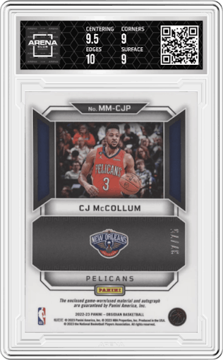 CJ McCollum from the 2022-23 Panini Obsidian set featuring a Electric Etch Purple parallel graded by Arena Club and given an overall grade of 9.5.