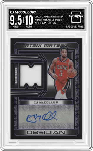 CJ McCollum from the 2022-23 Panini Obsidian set featuring a Electric Etch Purple parallel graded by Arena Club and given an overall grade of 9.5.