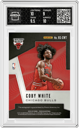 Coby White from the 2019-20 Panini Prizm set graded by Arena Club and given an overall grade of 9.5.