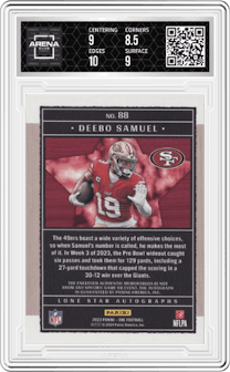 Deebo Samuel from the 2023 Panini One set featuring a Bronze  parallel graded by Arena Club and given an overall grade of 9.