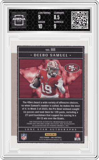 Deebo Samuel from the 2023 Panini One set featuring a Bronze  parallel graded by Arena Club and given an overall grade of 9.