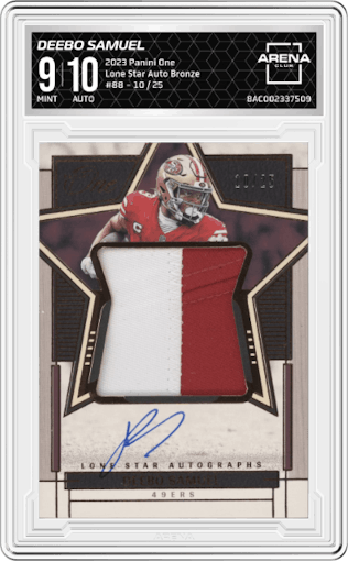 Deebo Samuel from the 2023 Panini One set featuring a Bronze  parallel graded by Arena Club and given an overall grade of 9.