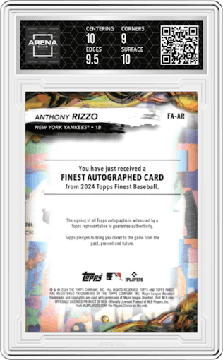 Anthony Rizzo from the 2024 Topps Finest set featuring a Black Refractor parallel graded by Arena Club and given an overall grade of 9.5.