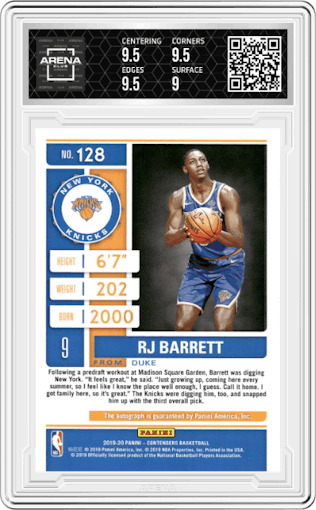 RJ Barrett from the 2019-20 Panini Contenders set graded by Arena Club and given an overall grade of 9.5.