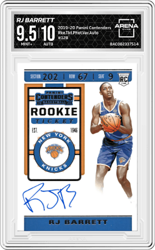 RJ Barrett from the 2019-20 Panini Contenders set graded by Arena Club and given an overall grade of 9.5.