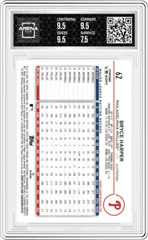 Bryce Harper  from the 2024 Topps Chrome Logofractor set featuring a Gold MLB Refractor parallel graded by Arena Club and given an overall grade of 8.