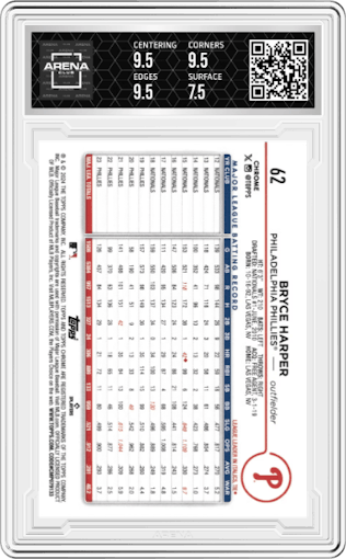Bryce Harper  from the 2024 Topps Chrome Logofractor set featuring a Gold MLB Refractor parallel graded by Arena Club and given an overall grade of 8.