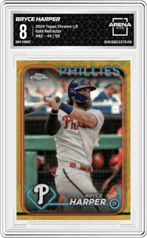 Bryce Harper  from the 2024 Topps Chrome Logofractor set featuring a Gold MLB Refractor parallel graded by Arena Club and given an overall grade of 8.