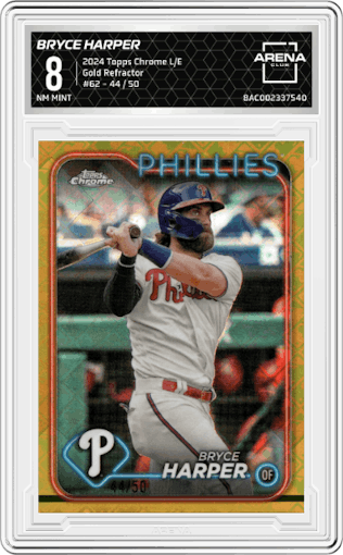 Bryce Harper  from the 2024 Topps Chrome Logofractor set featuring a Gold MLB Refractor parallel graded by Arena Club and given an overall grade of 8.