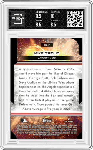 Mike Trout from the 2024 Topps Cosmic Chrome set graded by Arena Club and given an overall grade of 9.