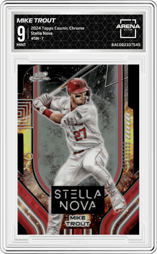 Mike Trout from the 2024 Topps Cosmic Chrome set graded by Arena Club and given an overall grade of 9.