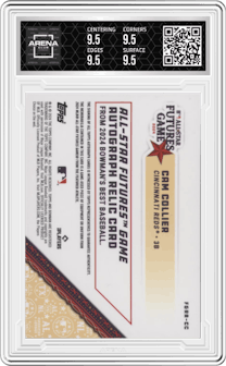 Cam Collier from the 2024 Bowman's Best set featuring a Purple Refractor parallel graded by Arena Club and given an overall grade of 9.5.