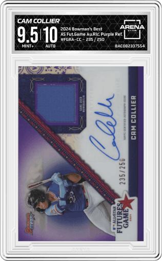 Cam Collier from the 2024 Bowman's Best set featuring a Purple Refractor parallel graded by Arena Club and given an overall grade of 9.5.