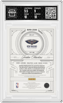 Jordan Hawkins from the 2023-24 Panini National Treasures set graded by Arena Club and given an overall grade of 9.5.