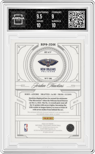 Jordan Hawkins from the 2023-24 Panini National Treasures set graded by Arena Club and given an overall grade of 9.5.