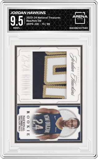 Jordan Hawkins from the 2023-24 Panini National Treasures set graded by Arena Club and given an overall grade of 9.5.