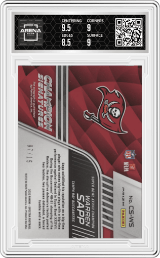 Warren Sapp from the 2022 Panini Spectra set featuring a Neon Pink parallel graded by Arena Club and given an overall grade of 9.