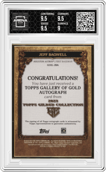 Jeff Bagwell from the 2023 Topps Gilded Collection set featuring a Emerald parallel graded by Arena Club and given an overall grade of 9.5.