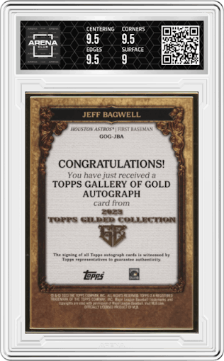 Jeff Bagwell from the 2023 Topps Gilded Collection set featuring a Emerald parallel graded by Arena Club and given an overall grade of 9.5.