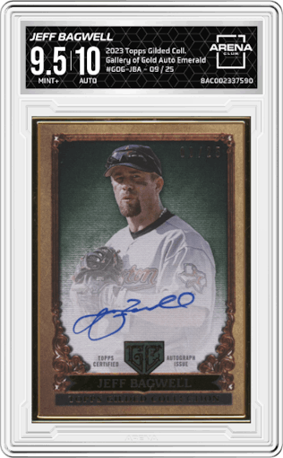 Jeff Bagwell from the 2023 Topps Gilded Collection set featuring a Emerald parallel graded by Arena Club and given an overall grade of 9.5.