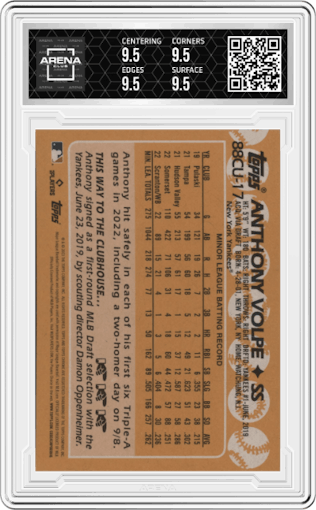 Anthony Volpe from the 2023 Topps Chrome Update set graded by Arena Club and given an overall grade of 9.5.