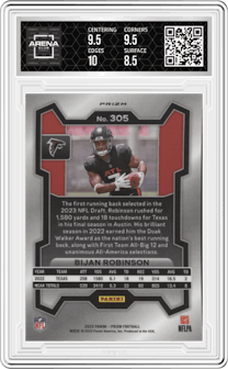 Bijan Robinson from the 2023 Panini Prizm set featuring a Red/White/Blue parallel graded by Arena Club and given an overall grade of 9.