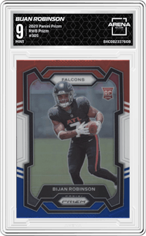 Bijan Robinson from the 2023 Panini Prizm set featuring a Red/White/Blue parallel graded by Arena Club and given an overall grade of 9.