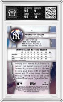 Anthony Volpe from the 2023 Bowman Platinum set graded by Arena Club and given an overall grade of 9.5.