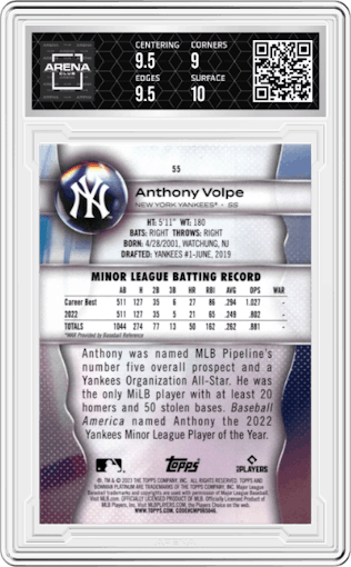 Anthony Volpe from the 2023 Bowman Platinum set graded by Arena Club and given an overall grade of 9.5.