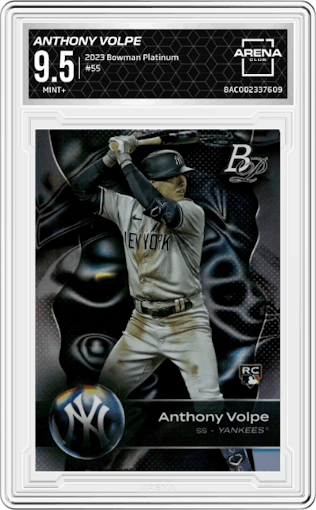 Anthony Volpe from the 2023 Bowman Platinum set graded by Arena Club and given an overall grade of 9.5.