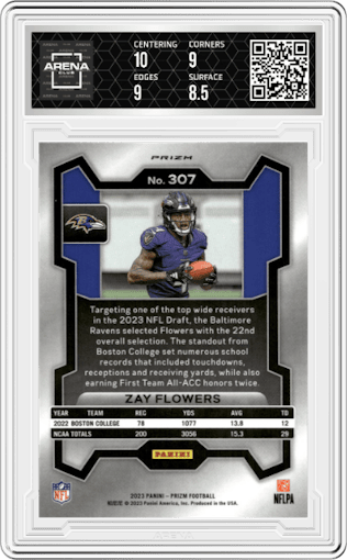 Zay Flowers  from the 2023 Panini Prizm set featuring a Red/White/Blue parallel graded by Arena Club and given an overall grade of 9.