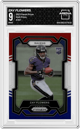 Zay Flowers  from the 2023 Panini Prizm set featuring a Red/White/Blue parallel graded by Arena Club and given an overall grade of 9.