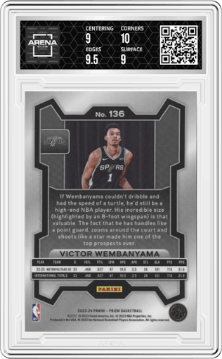 Victor Wembanyama from the 2023-24 Panini Prizm set graded by Arena Club and given an overall grade of 9.5.