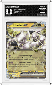 Mewtwo EX from the 2023 Pokemon SV set graded by Arena Club and given an overall grade of 8.5.