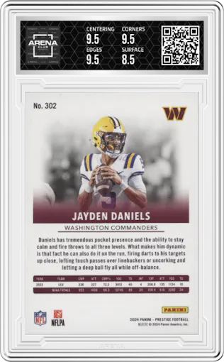 Jayden Daniels from the 2024 Panini Prestige  set featuring a Red Xtra Points parallel graded by Arena Club and given an overall grade of 9.
